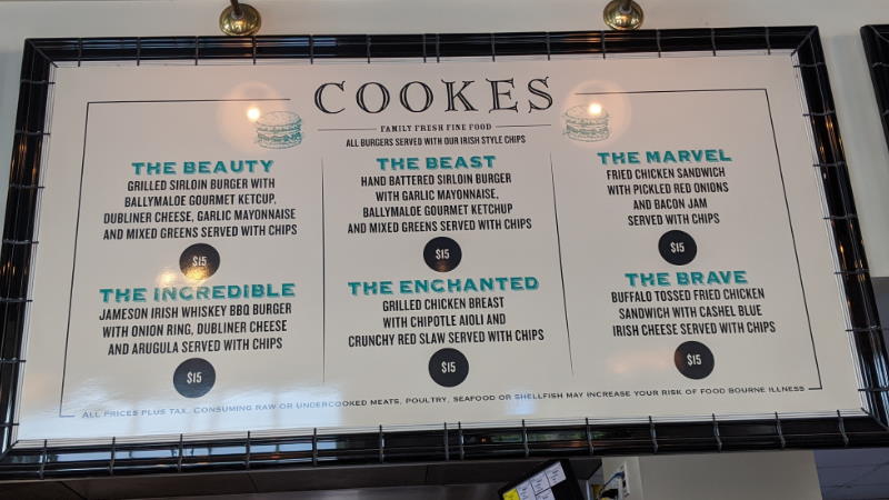 Cookes of Dublin at Disney Springs menu