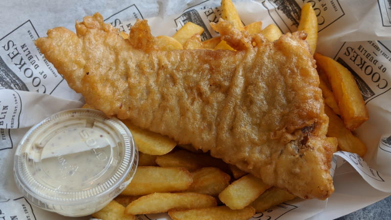 Battered Chicken Tenders and Chipsat Cookes of Dublin Disney Springs